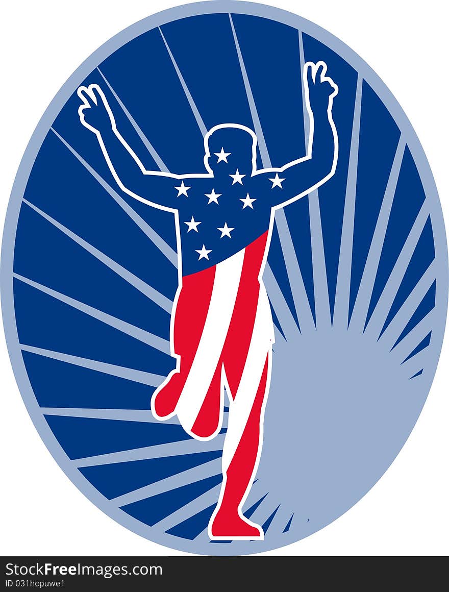 Illustration of a silhouette of American stars and stripes flag Marathon runner flashing victory hand sign done in retro style with sunburst set inside oval. Illustration of a silhouette of American stars and stripes flag Marathon runner flashing victory hand sign done in retro style with sunburst set inside oval