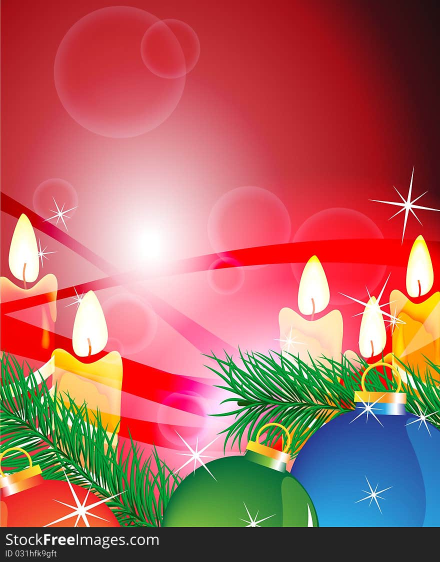 Candles and Christmas-tree decorations on a sparkling red background. Candles and Christmas-tree decorations on a sparkling red background