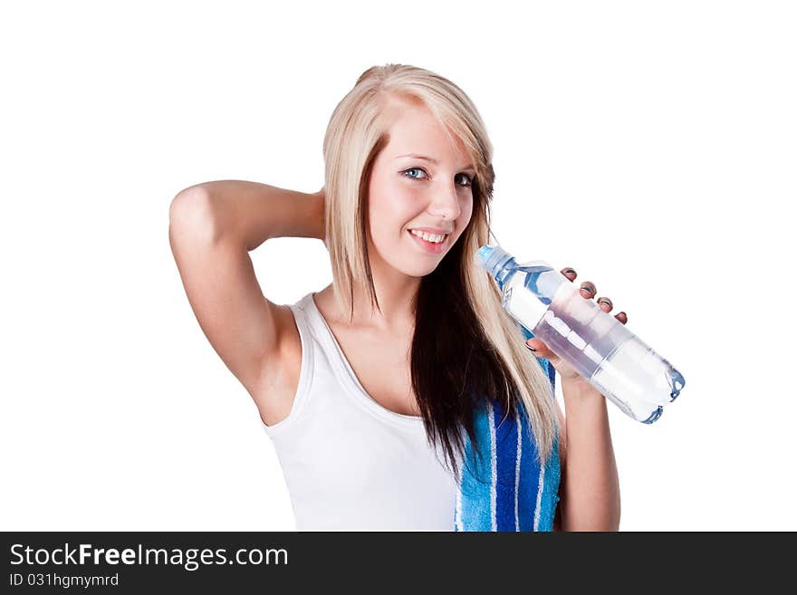 Young sportive woman drinking water - isolated on white. Young sportive woman drinking water - isolated on white