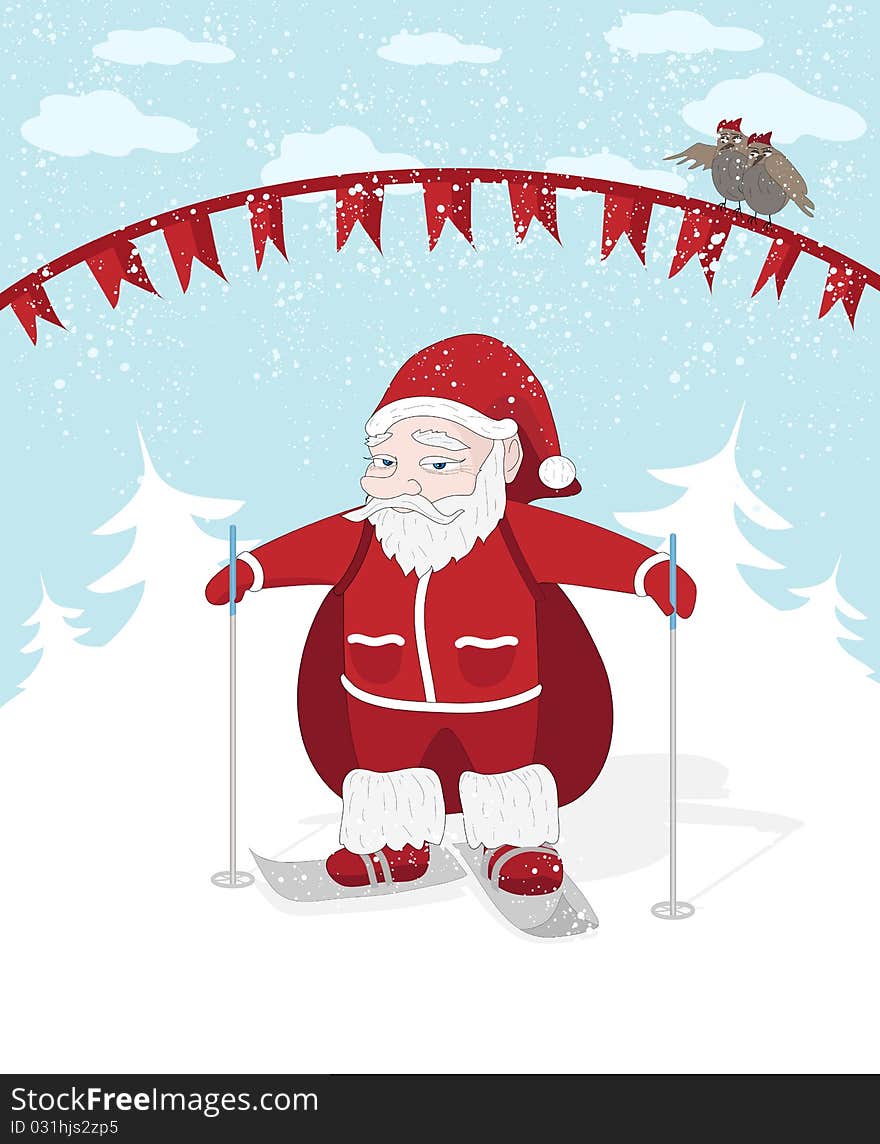 Vector Christmas illustration with Santa, snow and birds