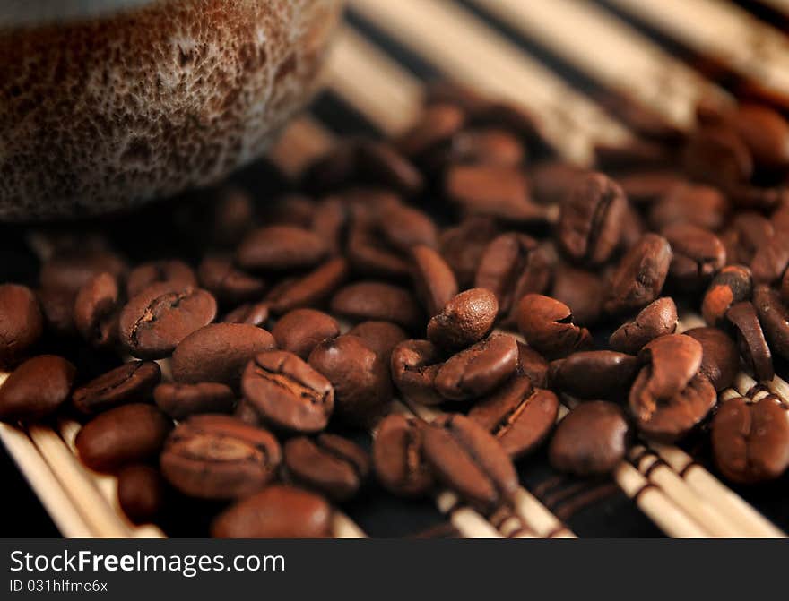 Coffee beans scattered on the table