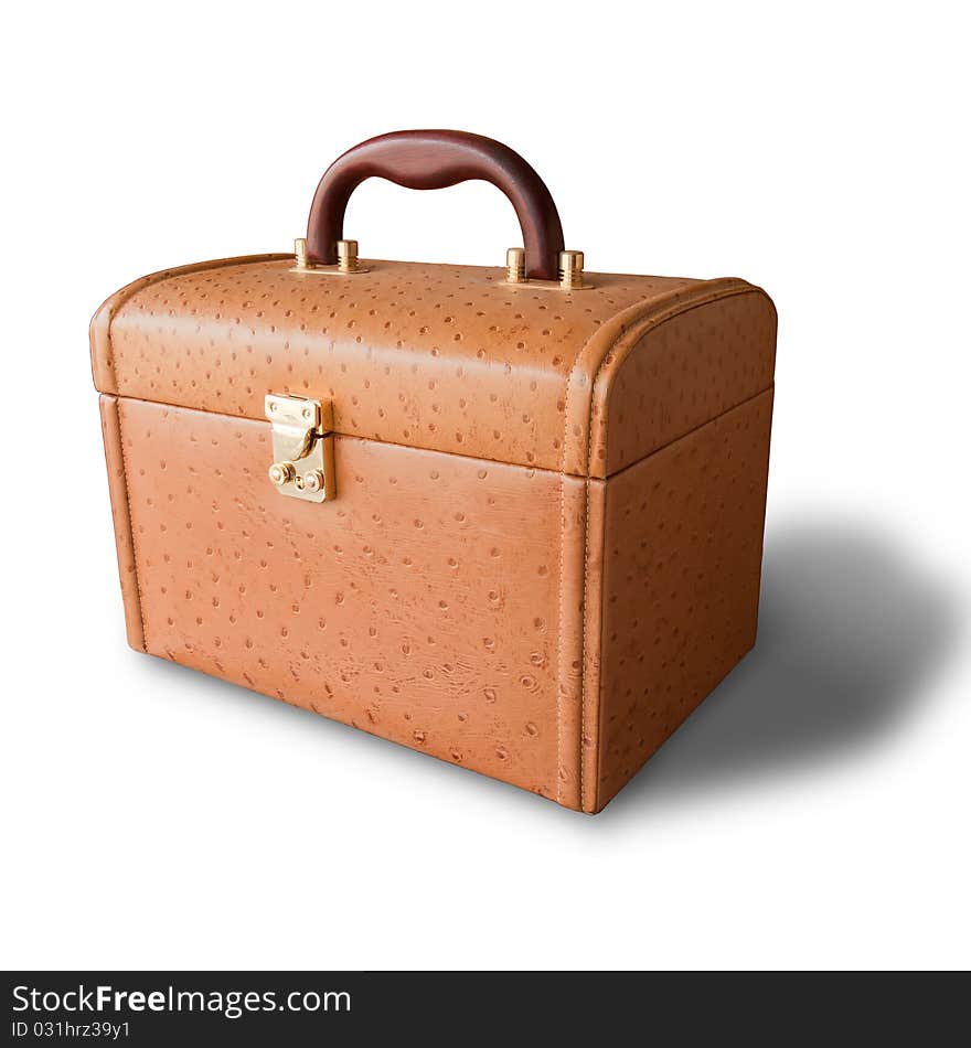 Brown leather box for cosmetic or jewelery and shadow on the white background. Brown leather box for cosmetic or jewelery and shadow on the white background