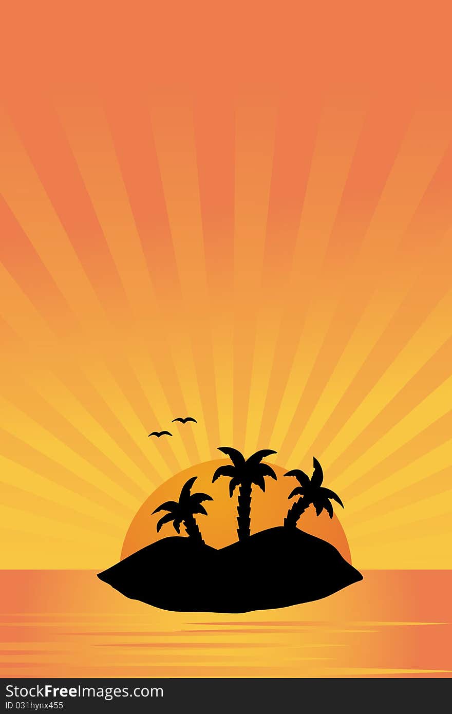 Silhouette of island with palms in sunset. Silhouette of island with palms in sunset