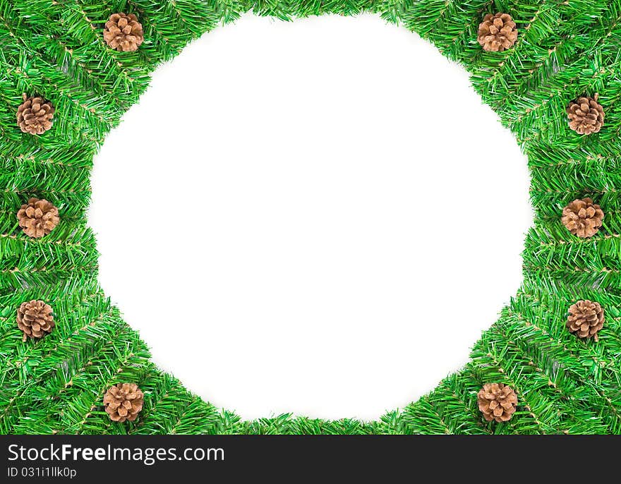 Christmas Green Frame With Cones Isolated On White