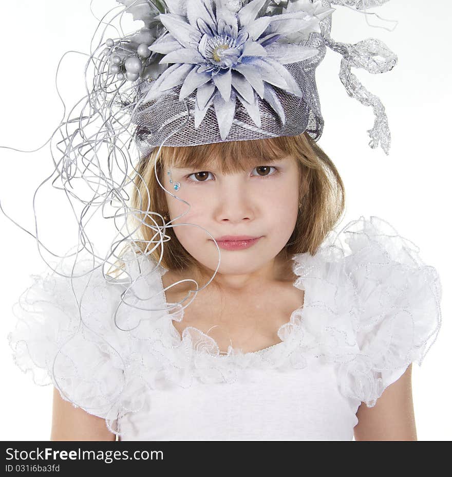 Small lady in a stylish hat on a white background. Small lady in a stylish hat on a white background