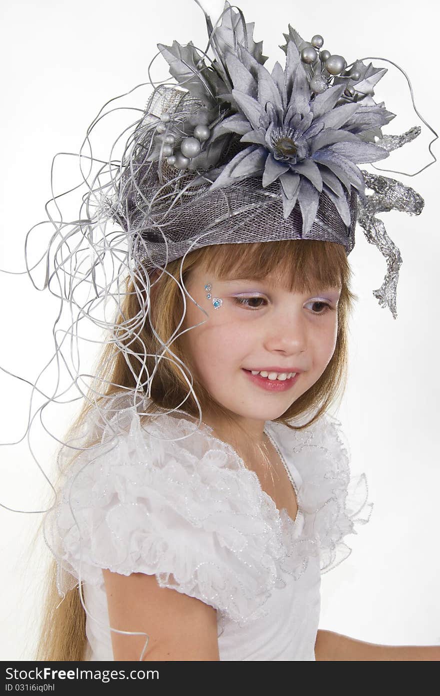 Small lady in a stylish hat on a white background. Small lady in a stylish hat on a white background