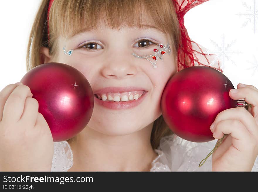 Girl Plays With Christmas Red Ball