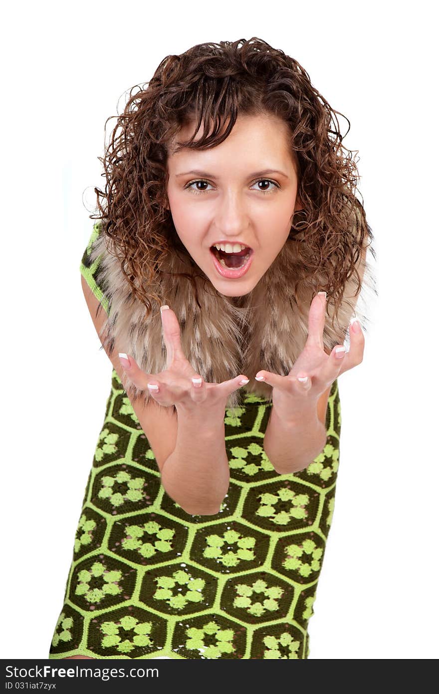 Beautiful young girl shouts and gesticulates hands isolated on a white background. Beautiful young girl shouts and gesticulates hands isolated on a white background