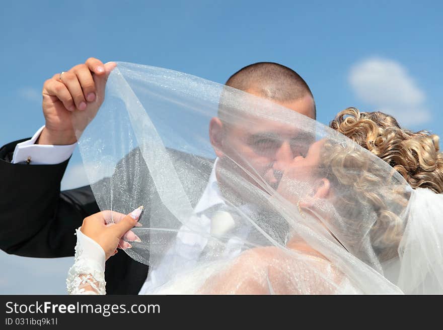 The groom and the bride passionately kiss under a veil against the blue sky in a sunny day. The groom and the bride passionately kiss under a veil against the blue sky in a sunny day