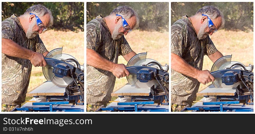 Sequence of a senior man cutting a plank with a chop saw. Sequence of a senior man cutting a plank with a chop saw.