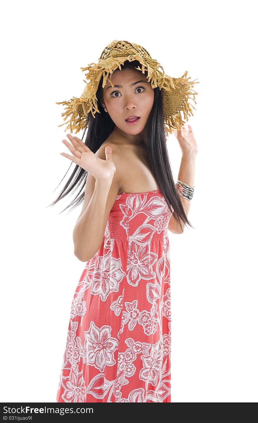 Beautiful asian woman turning around and looking a little bit surprised, isolated on white background. Beautiful asian woman turning around and looking a little bit surprised, isolated on white background