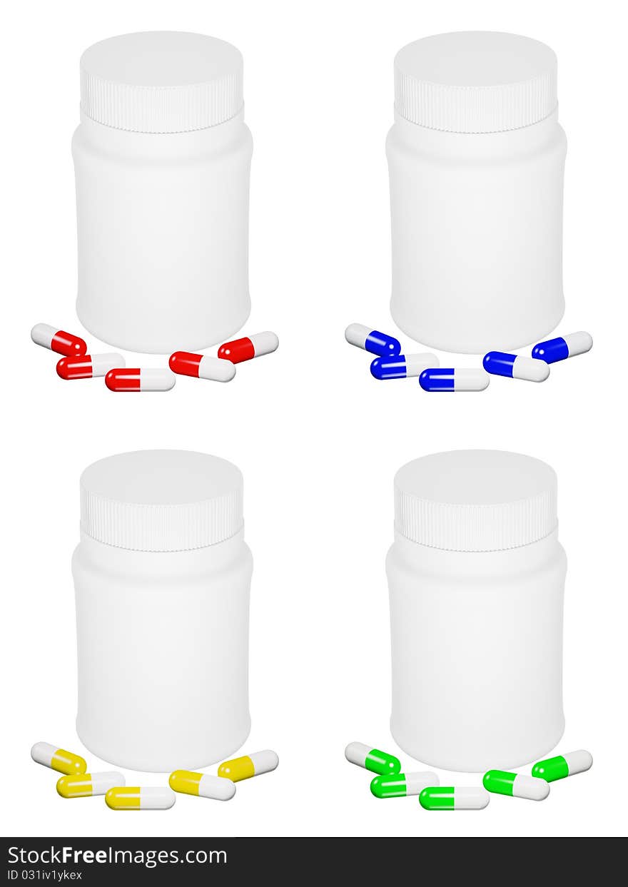 Set of capsule pills with different colors and white plastic bottle on isolated background. Set of capsule pills with different colors and white plastic bottle on isolated background.