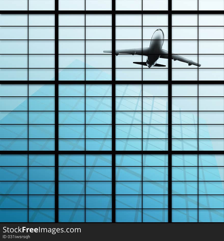 Reflect of plane in skyscraper