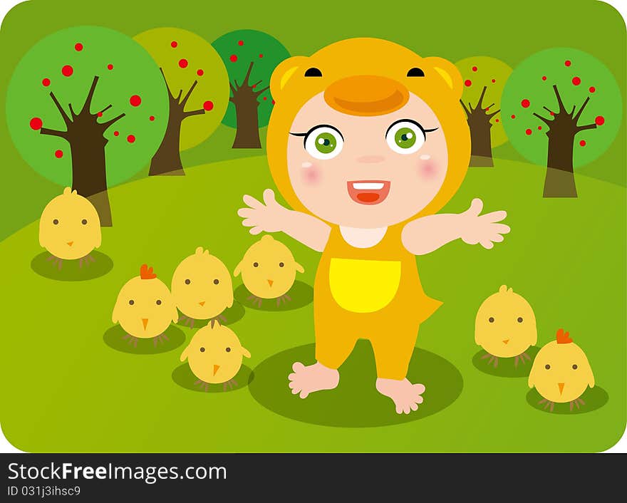 Abstract illustration of Children and chickens