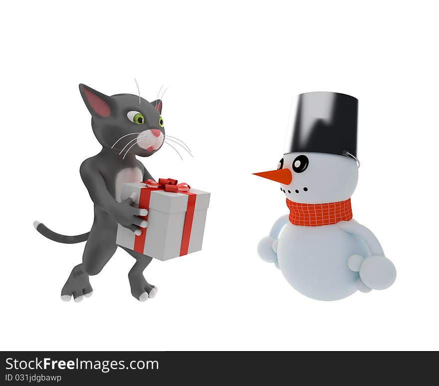 Cat Gives A Gift To Happy Snowman