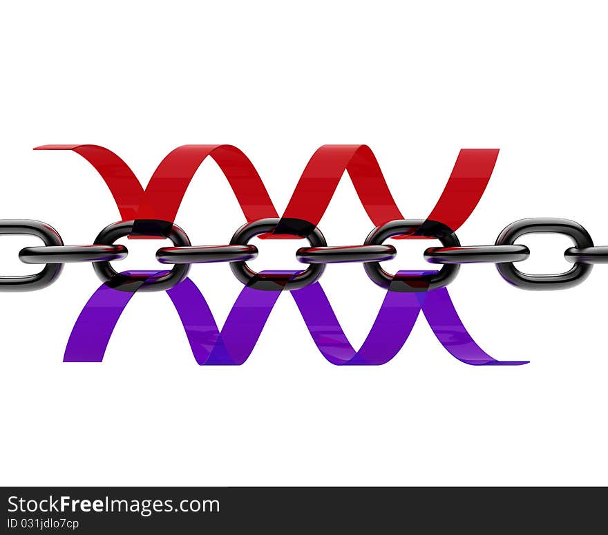 Iron chain with multicolored ribbons isolated on white. Iron chain with multicolored ribbons isolated on white