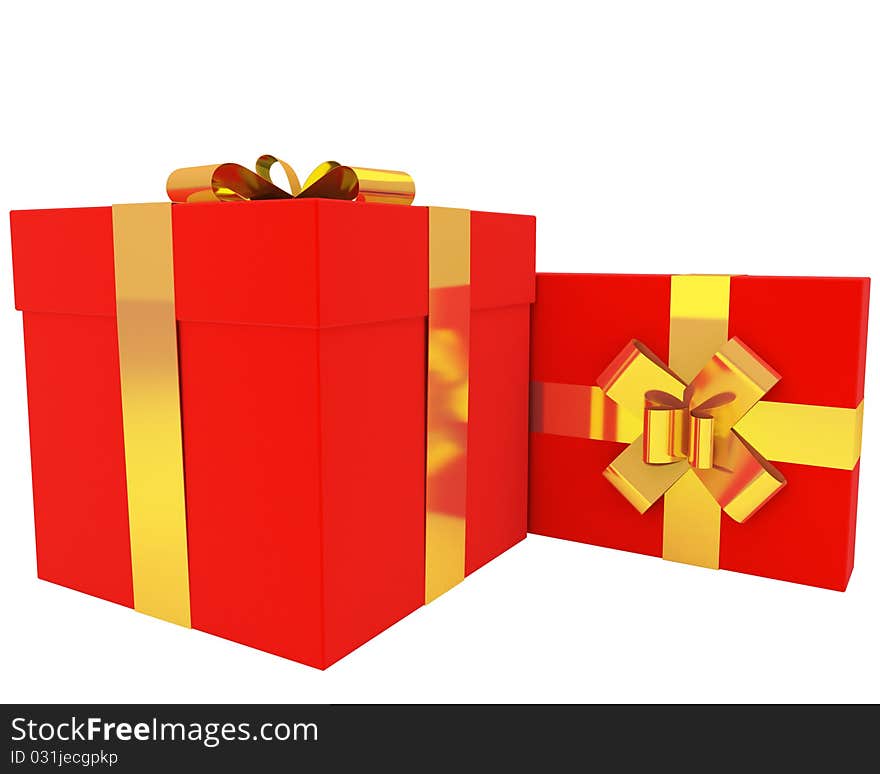 Pair of red gift boxes with gold ribbons