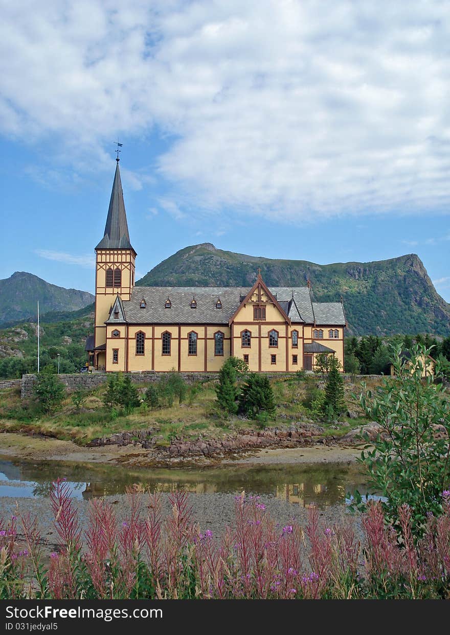 Wooden church in Kabelvag - Lofoten, Norway