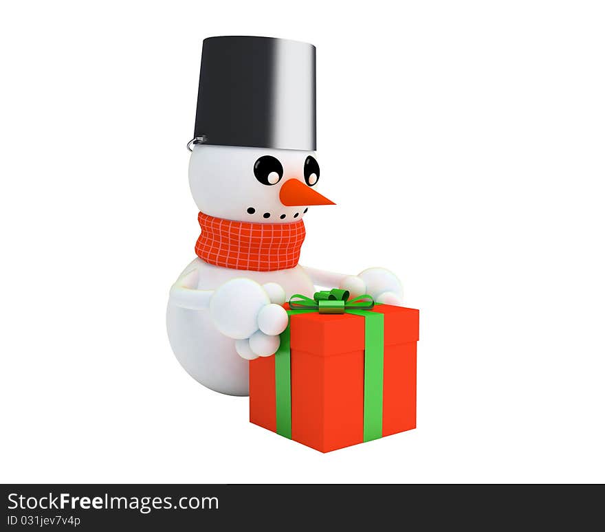 Happy snowman holds a gift