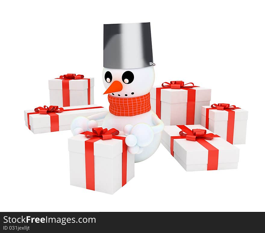 Happy snowman among the pile of gifts