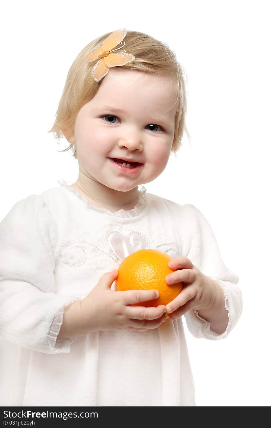 Studio portrait of smiling baby with mellow orange isolated on white. Studio portrait of smiling baby with mellow orange isolated on white.