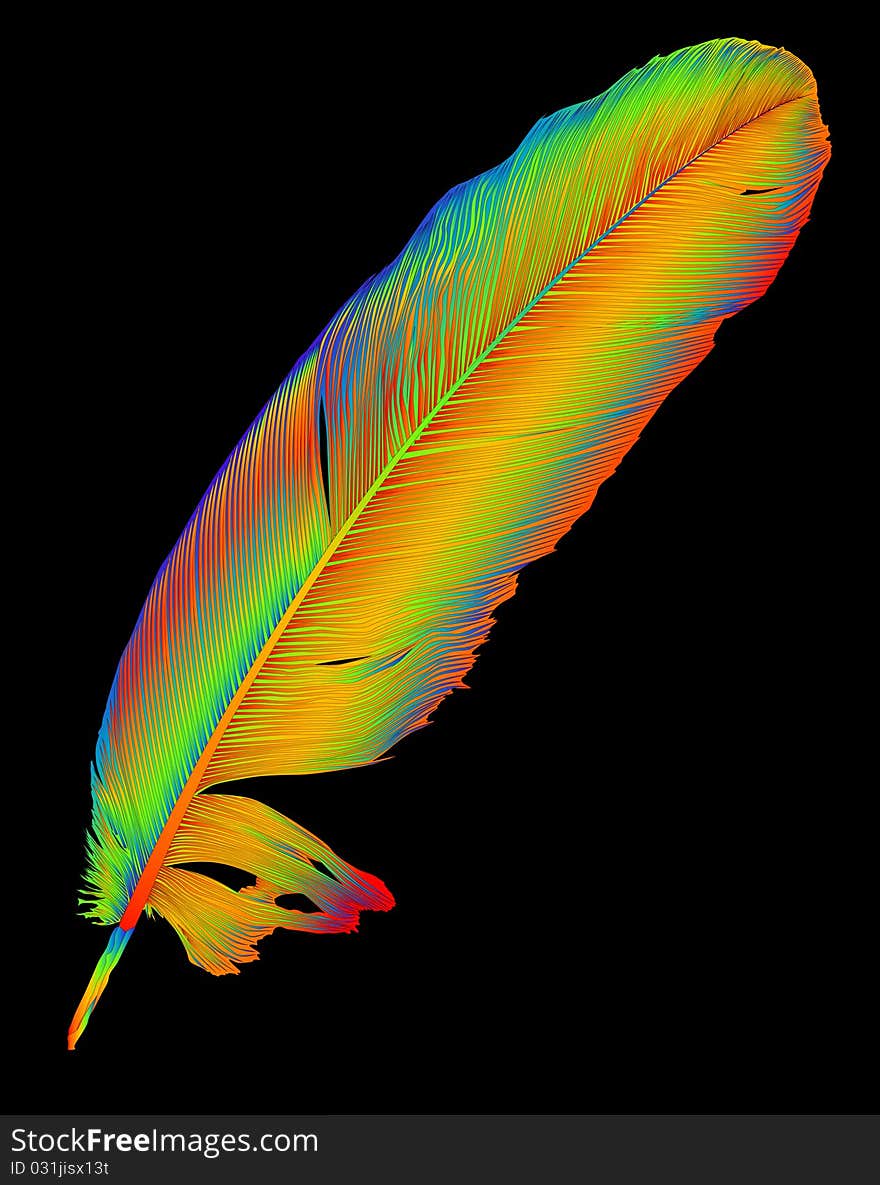 Illustration with single rainbow feather isolated on black background. Illustration with single rainbow feather isolated on black background