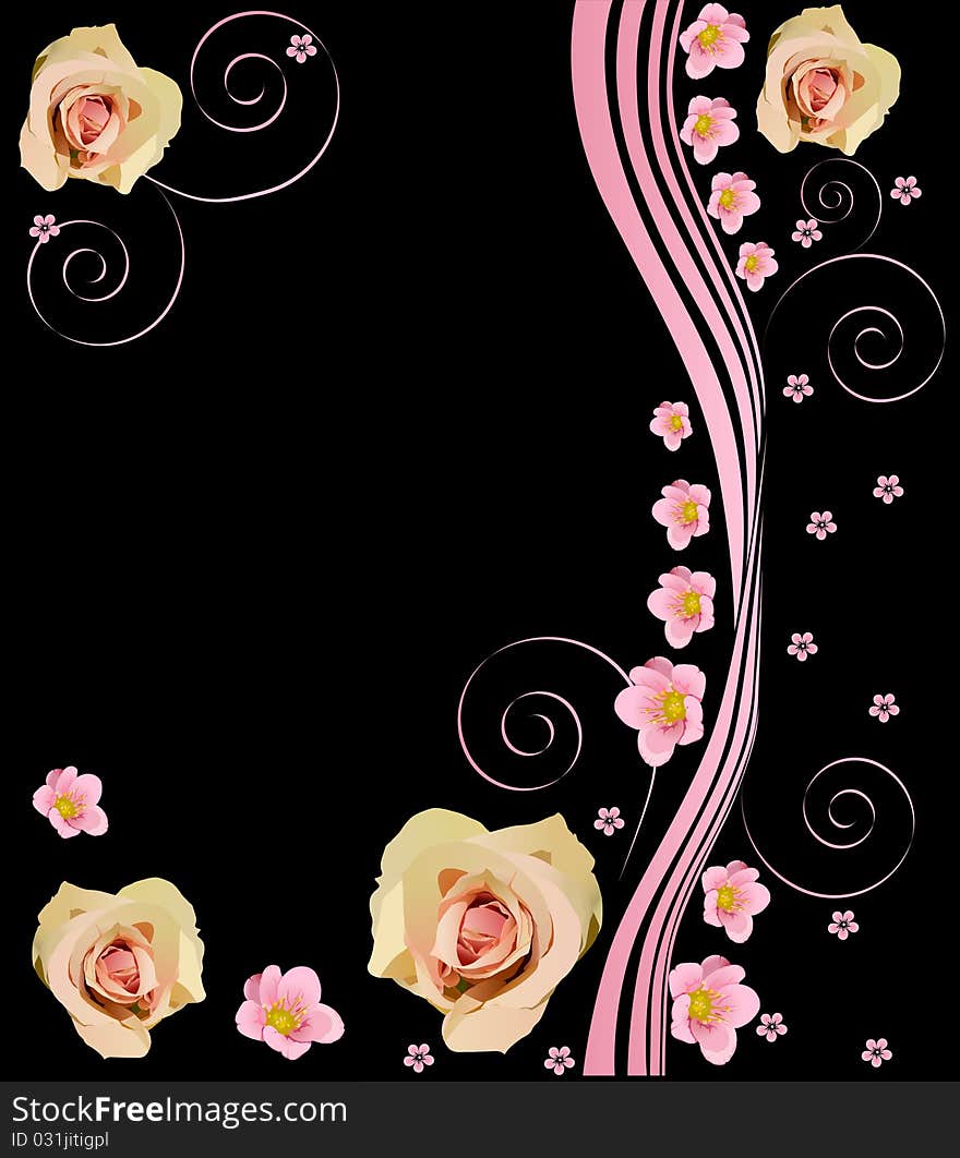 Illustration with pink roses on black background. Illustration with pink roses on black background