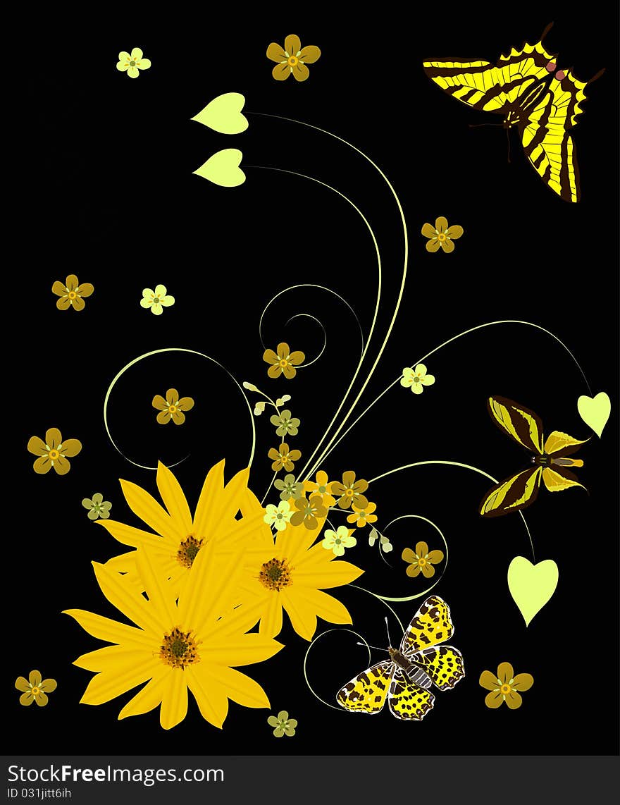 Yellow flowers and butterflies on black