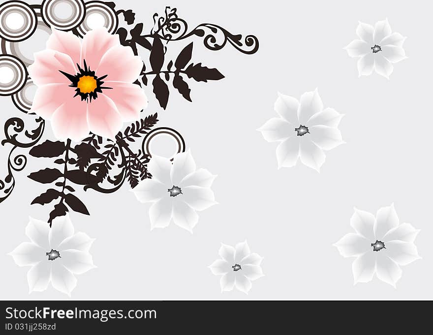 Illustration with pink flower on grey floral background