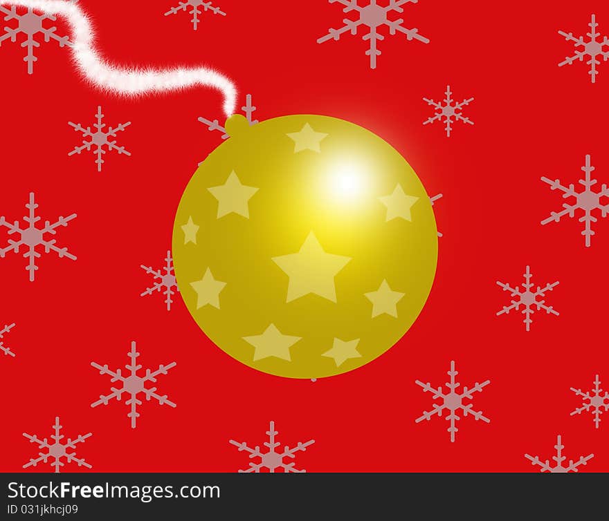 A golden Christmas ball decorated with golden stars on a red snowing background. Digital drawing. Coloured picture.