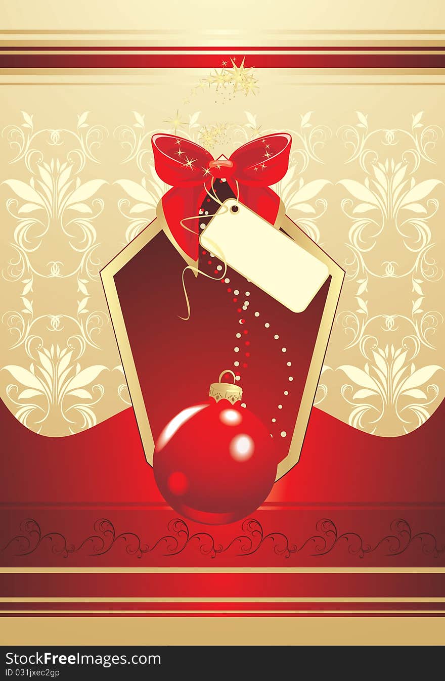 Christmas red ball with bow. Background for wrapping. Illustration. Christmas red ball with bow. Background for wrapping. Illustration