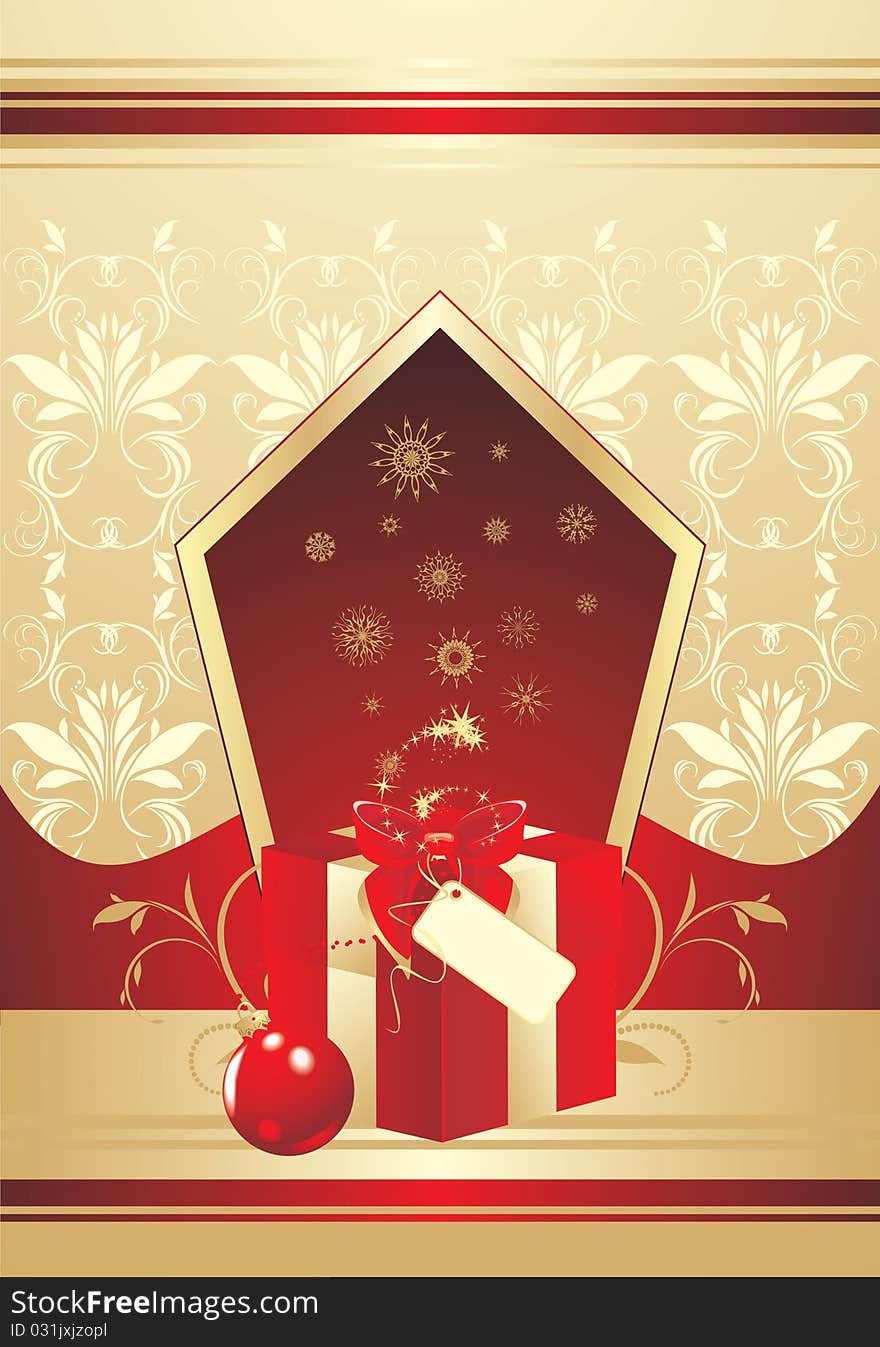 Decorative red box with bow and Christmas ball. Wrapping. Illustration. Decorative red box with bow and Christmas ball. Wrapping. Illustration