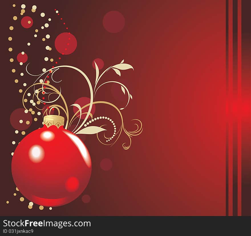 Red Ball With Christmas Tinsel. Holiday Card