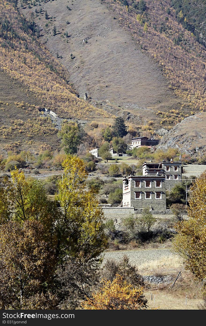 Tibetan village near mountains,western sichuan of china