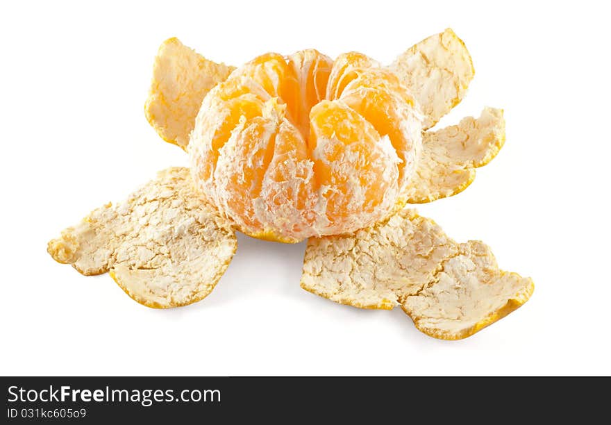 One peeled mandarin isolated on white background