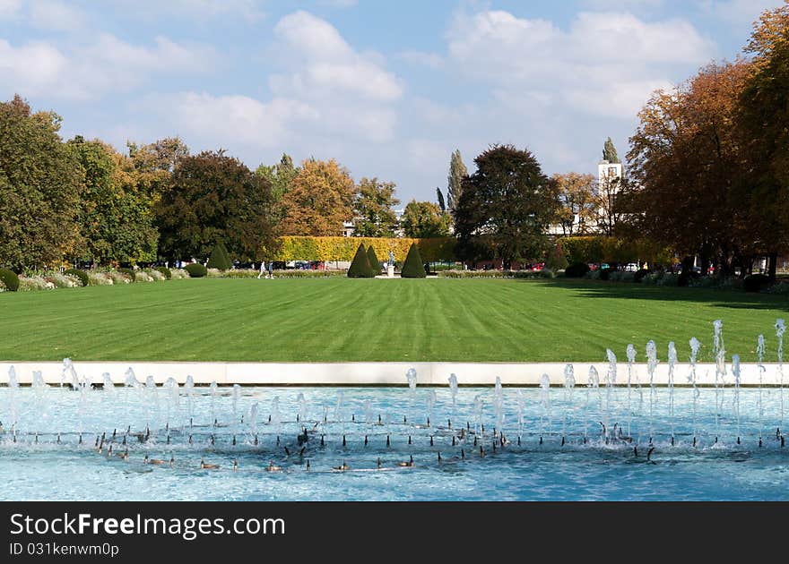 Park fountains, green fields and trees in the Czech Republic