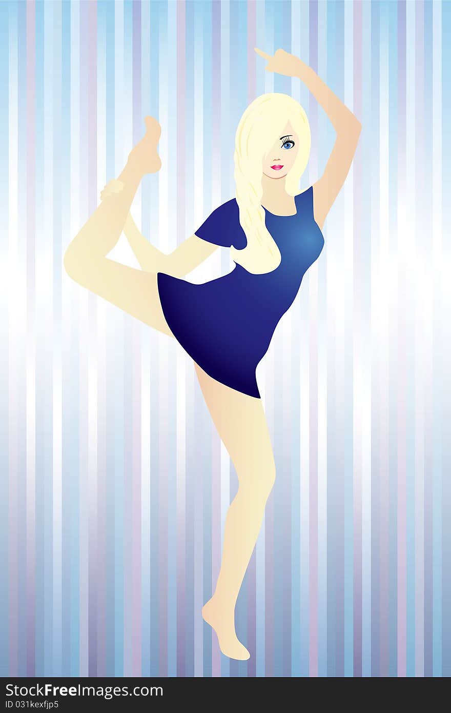 Vector dancing girl on a background of blue stripes. Vector dancing girl on a background of blue stripes.