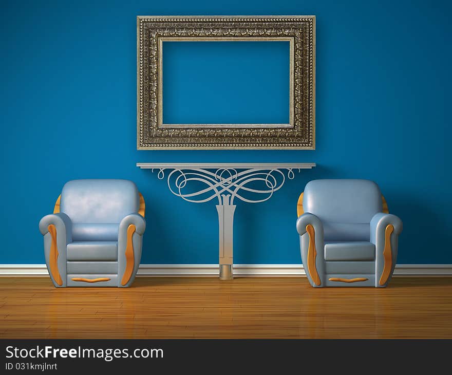 Two luxurious chairs with metallic console and picture frame in minimalist interior. Two luxurious chairs with metallic console and picture frame in minimalist interior