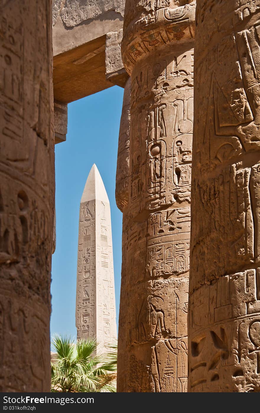 Columns and obelisk in Temple of Karnak, Luxor, Egypt. Columns and obelisk in Temple of Karnak, Luxor, Egypt