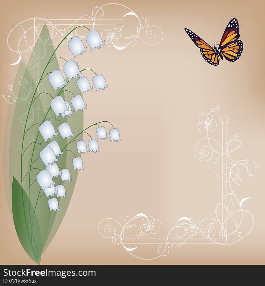 Old card with lilies of the valley and the butterfly