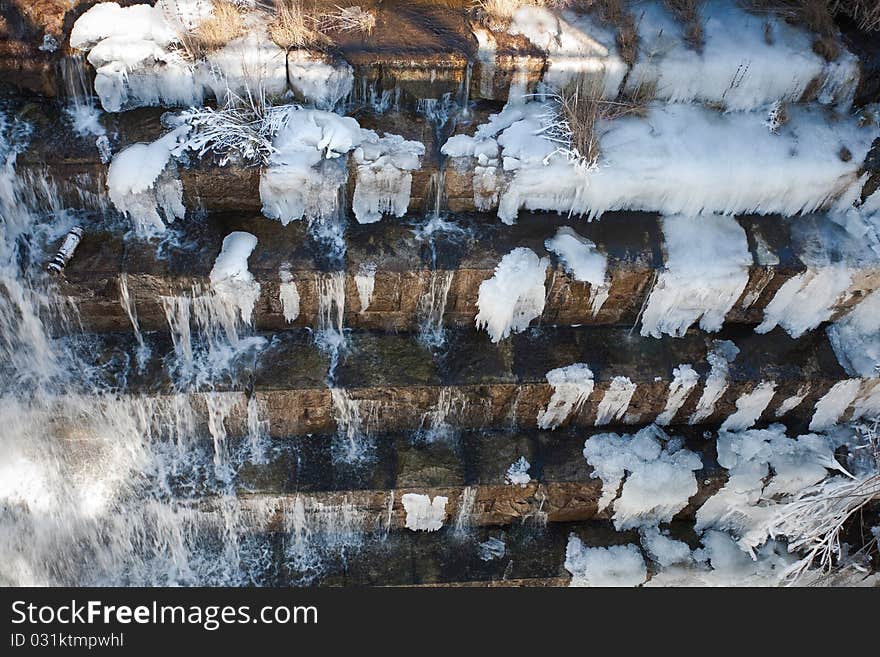 Steps and ice. frozen stream. Steps and ice. frozen stream.