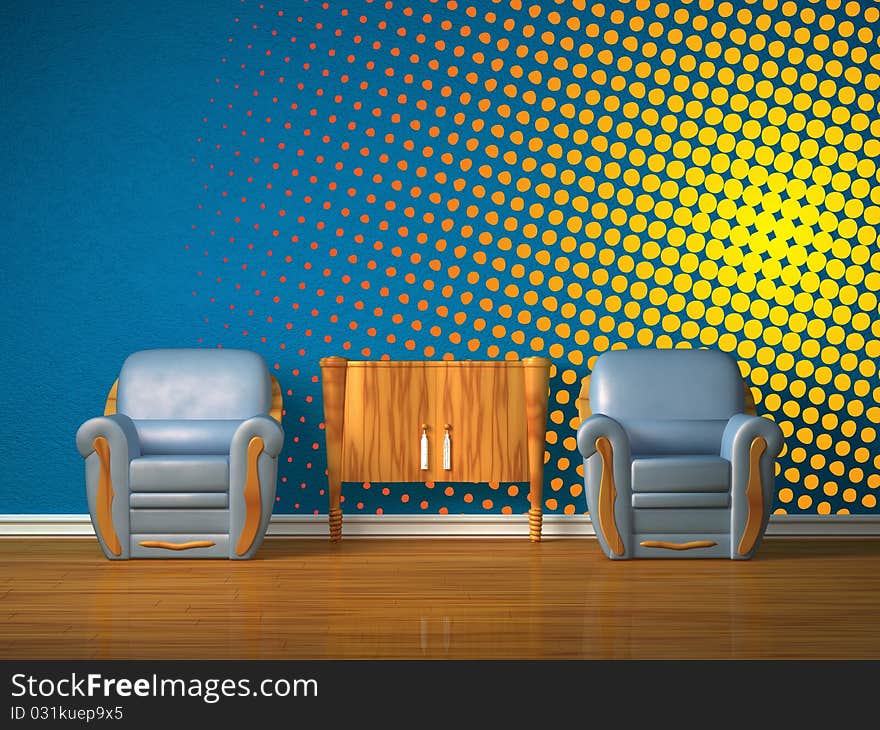 Two chairs with wooden console in blue interior with gradient halftone