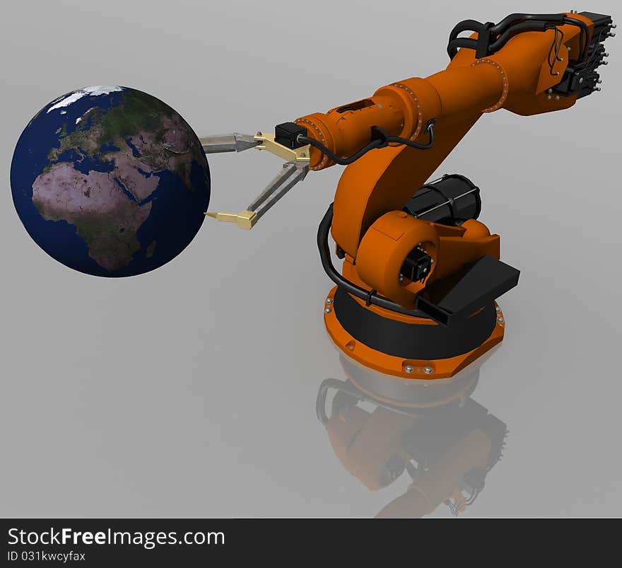 Metal robot holding a globe. The image has a 3D character on a white background. Metal robot holding a globe. The image has a 3D character on a white background