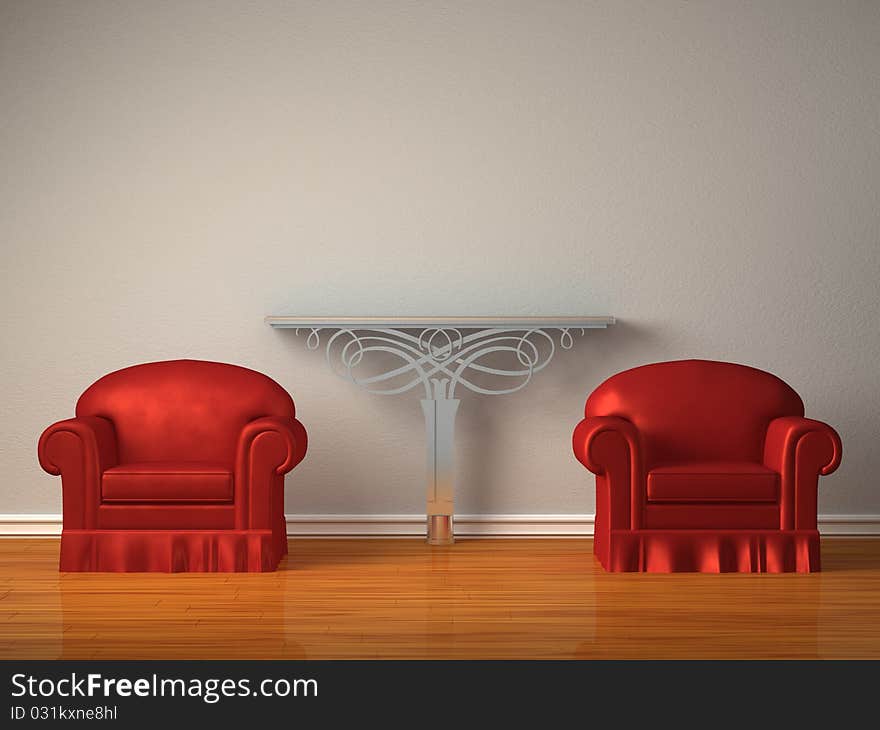 Two Red Chairs With Metallic Console