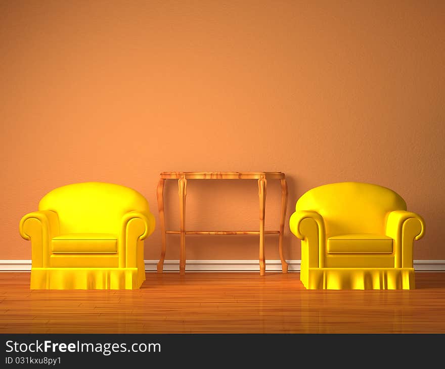 Two chairs with wooden console in orange interior