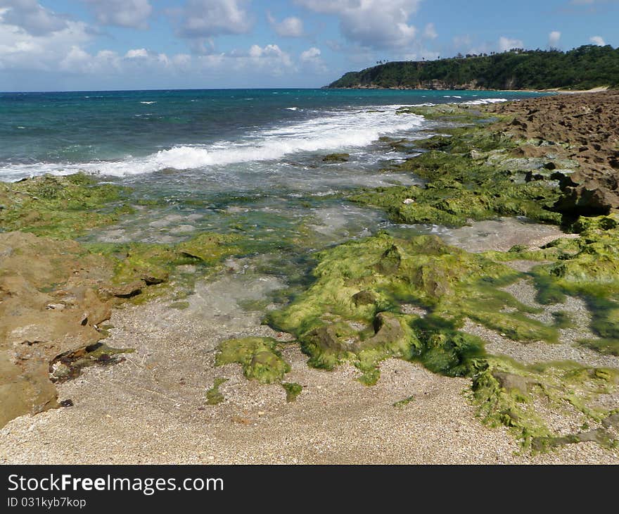 Rocky and sandy beach along the coast of the tropical Caribbean island of Puerto Rico USA. Rocky and sandy beach along the coast of the tropical Caribbean island of Puerto Rico USA.