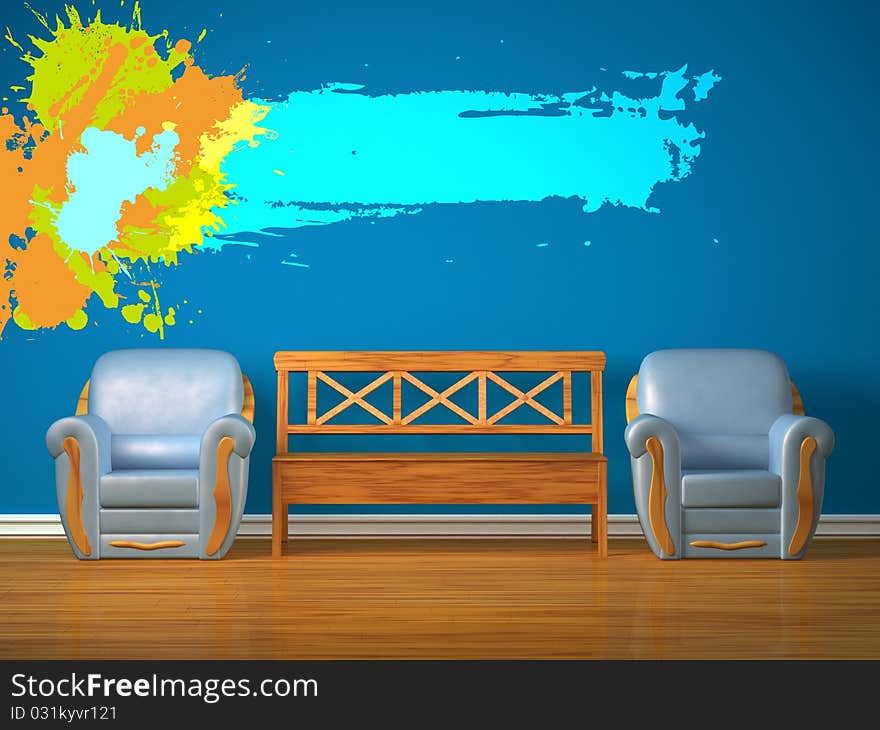 Two chairs with wooden bench and splash frame in blue interior