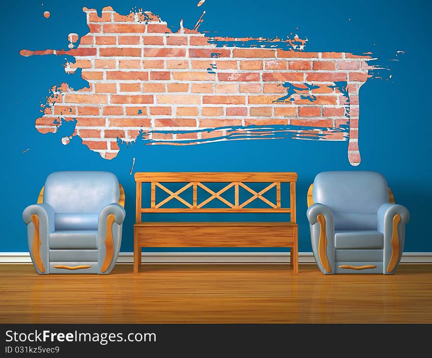 Two chairs with wooden bench and splash hole in blue interior