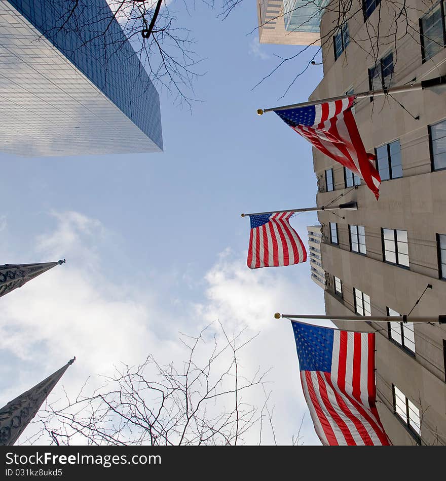 Three flags of USA on building. Three flags of USA on building