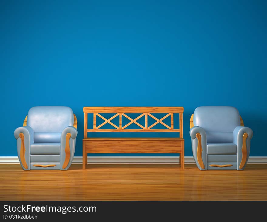 Two chairs with wooden bench in blue interior